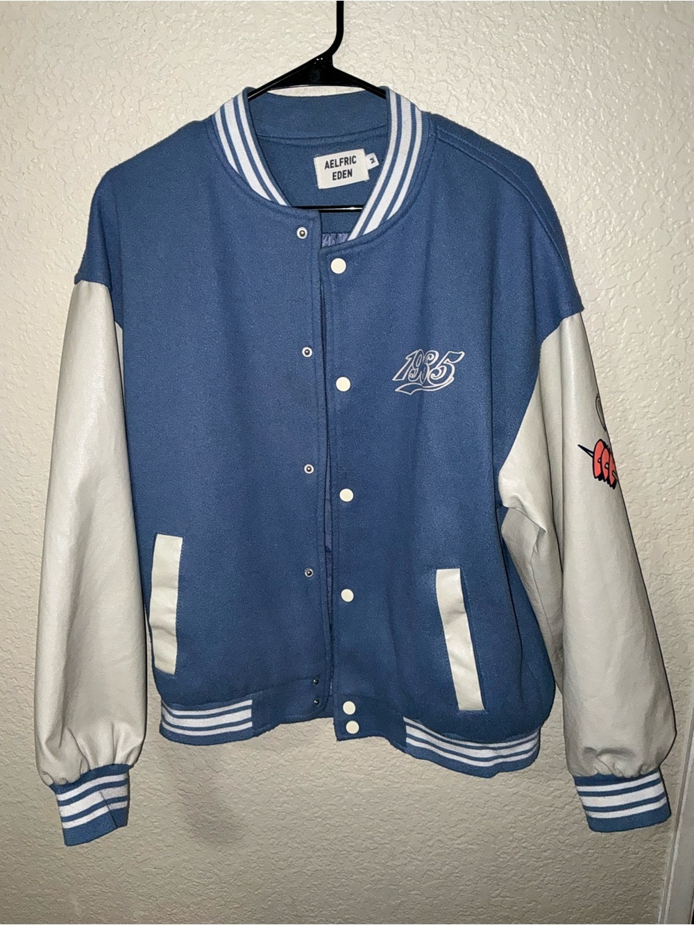 Aelfric Eden Sad Boys Heart Block Varsity Jacket Blue Off White Size Medium